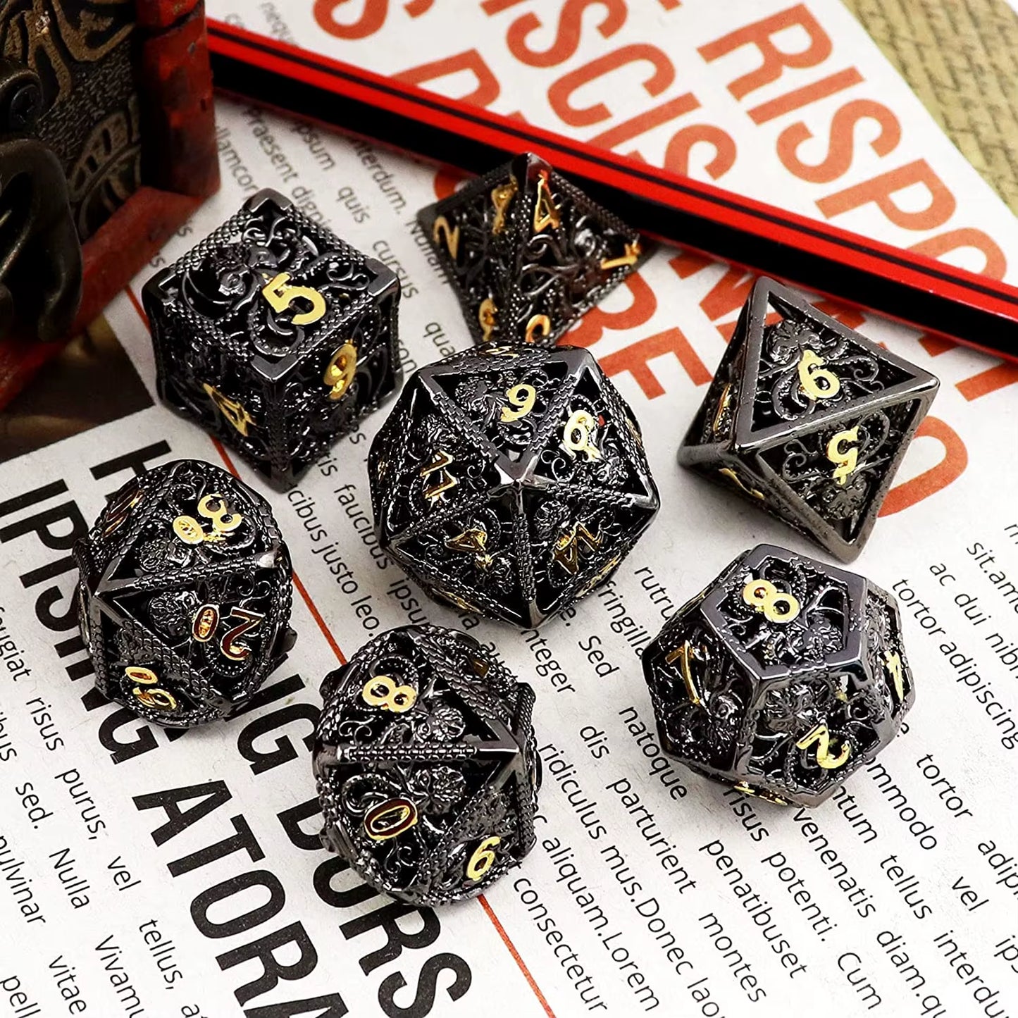 Hollow Metal Dice Set DND Octopus Polyhedron Dice RPG Board Game Pathfinder Metal Dice D4 D6 D8 D0 D% D12 D20 Dice