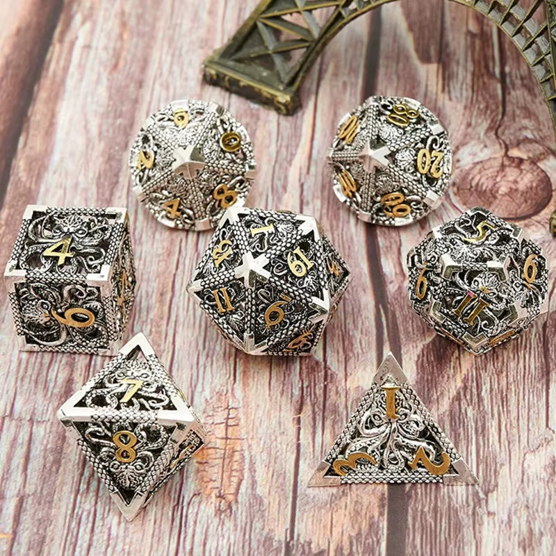 Hollow Metal Dice Set DND Octopus Polyhedron Dice RPG Board Game Pathfinder Metal Dice D4 D6 D8 D0 D% D12 D20 Dice